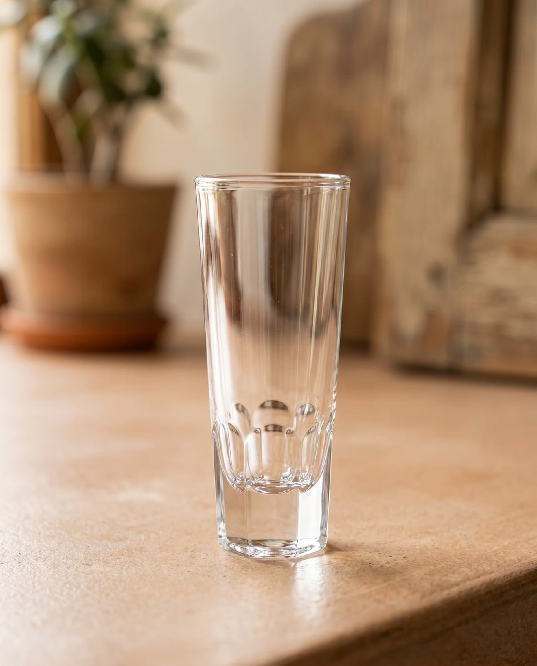Vaso de tequila irrompible transparente sobre superficie oscura