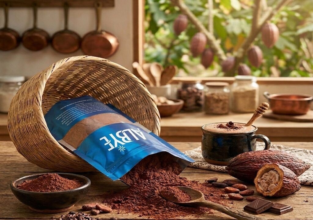 Cacao en polvo, granos y mazorcas de cacao sobre una mesa de cocina